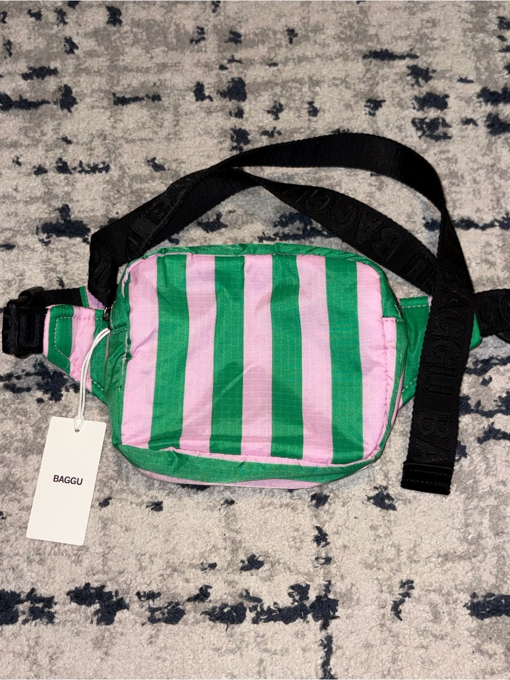 NWT BAGGU “pink green awning stripe puffy fanny pack”